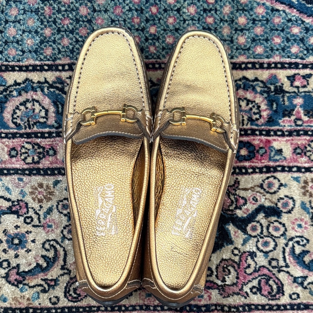 Salvatore Ferragamo Metallic Gold Loafers